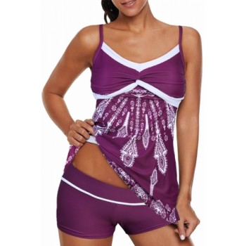 Black Twist Pleated Bust Flared Tankini Set Swimsuit Purple